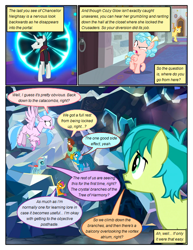 Size: 612x792 | Tagged: safe, artist:newbiespud, edit, edited screencap, screencap, character:chancellor neighsay, character:cozy glow, character:gallus, character:ocellus, character:sandbar, character:silverstream, character:smolder, character:yona, species:changedling, species:changeling, species:classical hippogriff, species:dragon, species:earth pony, species:griffon, species:hippogriff, species:pony, species:reformed changeling, species:yak, comic:friendship is dragons, episode:school raze, g4, my little pony: friendship is magic, annoyed, background pony, bow, climbing, clothing, comic, cozy glow is best facemaker, cozy glow is not amused, dialogue, dragoness, female, filly, flying, foal, freckles, hair bow, looking back, looking up, male, portal, raised hoof, screencap comic, stallion, student six