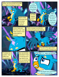 Size: 612x792 | Tagged: safe, artist:newbiespud, edit, edited screencap, screencap, character:gallus, species:griffon, species:pony, comic:friendship is dragons, episode:what lies beneath, g4, my little pony: friendship is magic, comic, dialogue, flying, laser, paws, scared, screencap comic, sweat, underpaw