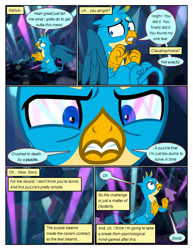 Size: 612x792 | Tagged: safe, artist:newbiespud, edit, edited screencap, screencap, character:gallus, species:griffon, species:pony, comic:friendship is dragons, episode:what lies beneath, g4, my little pony: friendship is magic, claustrophobia, comic, crystal, dialogue, eye reflection, laser, looking up, male, paw pads, paws, reflection, scared, screencap comic, sweat, toe beans, underpaw