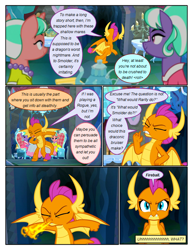 Size: 612x792 | Tagged: safe, artist:newbiespud, edit, edited screencap, screencap, character:smolder, species:dragon, species:earth pony, species:pony, species:unicorn, comic:friendship is dragons, episode:what lies beneath, g4, my little pony: friendship is magic, angry, cave, chair, cheek squish, clothing, comic, cup, dialogue, dragoness, dress, eyes closed, female, fire, fire breath, frown, grin, implied applejack, implied rainbow dash, jewelry, mare, necklace, pearl necklace, screencap comic, sitting, smiling, squishy cheeks, stepford ponies, table, teacup, teapot, waving