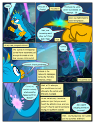Size: 612x792 | Tagged: safe, artist:newbiespud, edit, edited screencap, screencap, character:gallus, species:griffon, species:pony, comic:friendship is dragons, episode:what lies beneath, g4, my little pony: friendship is magic, cave, climbing, comic, crystal, dialogue, frown, laser, looking up, male, paws, screencap comic, tail