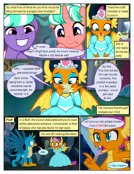 Size: 612x792 | Tagged: safe, artist:newbiespud, edit, edited screencap, screencap, character:gallus, character:smolder, species:dragon, species:earth pony, species:griffon, species:pony, species:unicorn, comic:friendship is dragons, episode:what lies beneath, g4, my little pony: friendship is magic, cave, clothing, comic, crystal, cup, dialogue, dragoness, dress, duckface, eyes closed, female, gallus the rooster, grin, hoof hold, jewelry, lipstick, male, mare, necklace, pearl necklace, princess smolder, screencap comic, smiling, stepford ponies, surprised, teacup, tiara, unnamed pony, waving