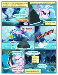 Size: 612x792 | Tagged: safe, artist:newbiespud, edit, edited screencap, screencap, character:gallus, character:silverstream, character:storm king, species:griffon, species:pony, species:seapony (g4), comic:friendship is dragons, episode:what lies beneath, g4, my little pony: friendship is magic, my little pony: the movie (2017), comic, dialogue, female, flying, glowing eyes, hiding, jumping, looking up, male, onomatopoeia, screencap comic, shadow, splash, swimming