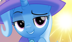 Size: 628x371 | Tagged: safe, artist:jhayarr23, character:trixie, species:pony, species:unicorn, cape, clothing, female, fireworks, hat, lidded eyes, looking at you, mare, raised eyebrow, smiling, solo, trixie's cape, trixie's hat