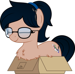 Size: 1024x1012 | Tagged: safe, artist:jhayarr23, oc, oc only, oc:crescend cinnamon, species:earth pony, species:pony, behaving like a cat, box, chest fluff, cute, eyes closed, female, glasses, if i fits i sits, mare, ocbetes, ponytail, prone, simple background, solo, transparent background, vector