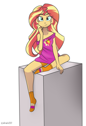 Size: 1522x2222 | Tagged: safe, artist:wubcakeva, character:sunset shimmer, species:human, my little pony:equestria girls, clothing, female, looking at you, off shoulder, shorts, sitting, socks, striped socks