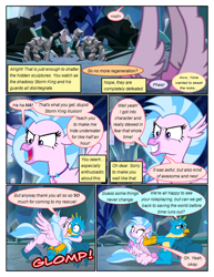 Size: 612x792 | Tagged: safe, artist:newbiespud, edit, edited screencap, screencap, character:gallus, character:silverstream, species:classical hippogriff, species:griffon, species:hippogriff, comic:friendship is dragons, episode:what lies beneath, g4, my little pony: friendship is magic, cave, comic, crystal, dialogue, embarrassed, eyes closed, female, glomp, grin, hug, implied applejack, implied fluttershy, implied rarity, male, onomatopoeia, pushing, screencap comic, shadow, smiling, statue, storm guard