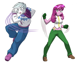 Size: 2096x1776 | Tagged: safe, artist:danmakuman, character:cheerilee, character:double diamond, my little pony:equestria girls, belly button, clothing, commission, cosplay, costume, doublecheer, equestria girls-ified, female, king of fighters, male, midriff, pants, shipping, shoes, simple background, straight, vanessa, white background
