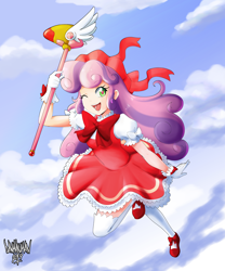 Size: 2500x3000 | Tagged: safe, artist:danmakuman, character:sweetie belle, species:human, anime, cardcaptor sakura, clothing, cosplay, costume, crossover, dress, female, gloves, heart eyes, humanized, looking at you, magical girl, one eye closed, open mouth, shoes, smiling, socks, solo, wingding eyes, wink