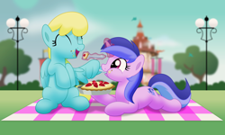 Size: 5000x2996 | Tagged: safe, artist:jhayarr23, character:sassaflash, character:sea swirl, species:pegasus, species:pony, species:unicorn, background pony, commission, cute, female, food, mare, picnic blanket, pie, ponyville town hall, shipping fuel
