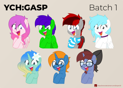 Size: 2000x1432 | Tagged: safe, artist:jhayarr23, part of a set, oc, oc only, oc:lily pond, oc:luscious desire, species:bat pony, species:earth pony, species:pegasus, species:pony, species:unicorn, bat pony oc, bow, clothing, earth pony oc, female, flower, flower in hair, gasp, glasses, hair bow, horn, male, mare, pegasus oc, smiling, socks, stallion, striped socks, unicorn oc, wings, ych result, ych:gasp