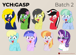 Size: 2000x1432 | Tagged: safe, artist:jhayarr23, part of a set, character:copper top, character:sassaflash, character:sea swirl, character:starlight glimmer, oc, oc:naveen numbers, oc:prickly pears, species:earth pony, species:pegasus, species:pony, species:unicorn, alternate hairstyle, bow tie, clothing, female, flower, flower in hair, gasp, glasses, male, mare, smiling, stallion, sunglasses, ych result, ych:gasp