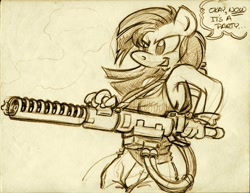 Size: 1100x850 | Tagged: safe, artist:trollie trollenberg, character:pinkamena diane pie, character:pinkie pie, species:anthro, armpits, female, flamethrower, monochrome, solo, traditional art, weapon