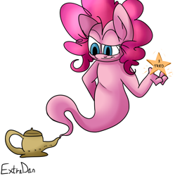 Size: 744x746 | Tagged: safe, artist:extradan, character:pinkie pie, species:earth pony, species:pony, 30 minute art challenge, female, genie, genie pony, hand, lamp, mare, signature, simple background, solo, white background