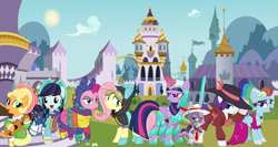Size: 1485x792 | Tagged: safe, artist:a4r91n, artist:dragonchaser123, artist:jhayarr23, character:applejack, character:coloratura, character:fluttershy, character:pinkie pie, character:rainbow dash, character:rarity, character:spike, character:twilight sparkle, character:twilight sparkle (alicorn), species:alicorn, species:pony, ship:rarajack, episode:sparkle's seven, g4, my little pony: friendship is magic, alternate hairstyle, apple chord, armor, canterlot, clothing, detective rarity, dress, female, gangster, hat, lesbian, mane seven, mane six, megaradash, musical instrument, pinkñata, piñata, rainbow dash always dresses in style, shipping, show accurate, sword, weapon