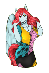 Size: 892x1332 | Tagged: safe, artist:jc_bbqueen, oc, oc only, oc:firelight, species:anthro, species:pegasus, species:pony, anthro oc, bodypaint, clothing, commission, costume, dyed mane, female, gift art, halloween, halloween costume, heterochromia, holiday, makeup, mare, nightmare night costume, sally, simple background, smiling, the nightmare before christmas, transparent background