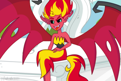 Size: 1500x1000 | Tagged: safe, artist:wubcakeva, character:sunset satan, character:sunset shimmer, equestria girls:equestria girls, g4, my little pony: equestria girls, my little pony:equestria girls, clothing, demon, evil, female, open mouth, sitting, solo, sunset satan, tongue out