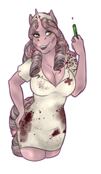 Size: 856x1479 | Tagged: safe, artist:jc_bbqueen, oc, oc only, oc:candlewick, species:anthro, species:pony, species:unicorn, anthro oc, big breasts, breasts, cleavage, clothing, commission, costume, digital art, fake blood, female, halloween, halloween costume, makeup, nightmare night costume, nurse, nurse outfit, signature, simple background, smiling, solo, syringe, transparent background