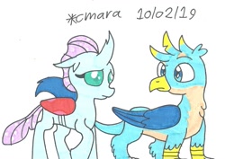 Size: 1108x783 | Tagged: safe, artist:cmara, character:gallus, character:ocellus, species:changeling, species:griffon, species:reformed changeling, ship:luslus, female, looking at each other, male, shipping, straight