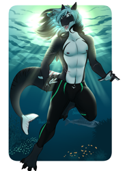 Size: 1369x1870 | Tagged: safe, artist:jc_bbqueen, oc, oc only, oc:mako, species:anthro, species:digitigrade anthro, species:pony, anthro oc, clothing, commission, fangs, fish, male, orca, orca pony, original species, partial nudity, scar, solo, stallion, swimming trunks, topless, underwater