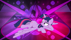 Size: 3840x2160 | Tagged: safe, artist:laszlvfx, artist:mit-boy, edit, character:twilight sparkle, character:twilight sparkle (alicorn), species:alicorn, species:pony, episode:castle sweet castle, g4, my little pony: friendship is magic, cutie mark, female, high res, looking back, mare, prone, solo, wallpaper, wallpaper edit