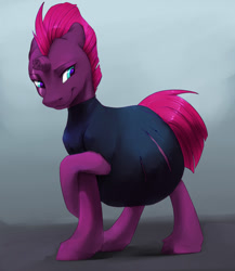 Size: 887x1020 | Tagged: safe, artist:sinfoe, character:tempest shadow, species:pony, species:unicorn, belly, big belly, blushing, broken horn, clothing, commission, crossed hooves, embarrassed, eye scar, female, horn, mare, pregnant, scar, silfoe is trying to murder us, solo, torn clothes, wardrobe malfunction