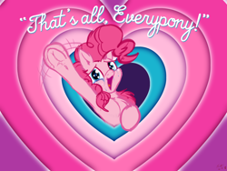 Size: 1408x1056 | Tagged: safe, artist:frist44, character:pinkie pie, species:earth pony, species:pony, armpits, chest fluff, crossover, crying, end of ponies, female, frog (hoof), goodbye, heart, hoofbutt, looney tunes, parody, smiling, solo, that's all folks, underhoof, warner brothers