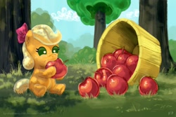 Size: 1200x800 | Tagged: safe, artist:kp-shadowsquirrel, character:applejack, species:earth pony, species:pony, apple, baby, baby pony, babyjack, basket, bow, bucket, dappled sunlight, eating, female, filly, foal, sitting, solo, younger