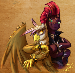 Size: 1506x1470 | Tagged: safe, artist:jamescorck, character:gilda, character:tempest shadow, species:griffon, species:pony, species:unicorn, clothing, crack shipping, ear piercing, female, fist bump, gildest, heavy metal, jacket, leather jacket, lesbian, piercing, punk, shipping, sketch, spiked wristband, wing piercing, wristband