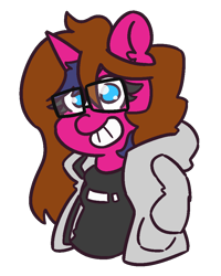 Size: 800x1000 | Tagged: safe, artist:threetwotwo32232, oc, oc:fizzy pop, species:pony, species:unicorn, clothing, female, glasses, looking at you, mare, wig