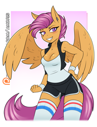 Size: 1280x1686 | Tagged: safe, artist:ambris, character:scootaloo, species:anthro, species:pegasus, species:pony, adorasexy, blushing, breasts, busty scootaloo, cleavage, clothing, confident, cute, digital art, ear piercing, eyebrow piercing, eyeshadow, female, hand on hip, high socks, legs, looking at you, makeup, older, older scootaloo, open clothes, open shirt, patreon, patreon logo, piercing, sexy, shirt, shorts, smiling, socks, solo, sports shorts, sweatband, tail, tank top, thigh highs, thighs, vest, wings, wristband, zettai ryouiki