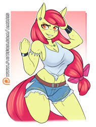 Size: 1280x1686 | Tagged: safe, artist:ambris, character:apple bloom, species:anthro, species:earth pony, species:pony, abs, adult, apple bloom's bow, apple brawn, applebucking thighs, armband, armlet, armpits, belt, biceps, big breasts, blushing, bow, bracelet, breasts, busty apple bloom, cleavage, clothing, colored pupils, confident, daisy dukes, denim shorts, ear piercing, earring, eyeshadow, female, front knot midriff, gradient background, grin, hair bow, jewelry, looking at you, makeup, midriff, muscles, muscular female, necklace, older, older apple bloom, patreon, patreon logo, piercing, raised eyebrow, sexy, shirt, shorts, simple background, smiling, smirk, smug, solo, sultry pose, tail, tank top, teenager, torn clothes, watch, white background, wristband, wristwatch