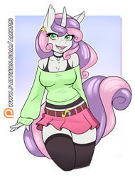 Size: 1280x1686 | Tagged: safe, artist:ambris, character:sweetie belle, species:anthro, species:pony, species:unicorn, adorasexy, adult, beautiful, beautisexy, belt, big breasts, blushing, bra, breasts, busty sweetie belle, choker, cleavage, clothing, curvy, cute, diasweetes, ear piercing, earring, eyelashes, eyeshadow, female, green eyes, happy, jewelry, looking at you, makeup, mare, midriff, miniskirt, moe, off shoulder, off shoulder sweater, older, older sweetie belle, patreon, patreon logo, piercing, sexy, shoulderless, skindentation, skirt, smiling, socks, solo, stockings, sweater, sweater belle, tank top, thigh highs, thighs, underwear, wide hips, zettai ryouiki