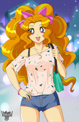 Size: 2842x4383 | Tagged: safe, artist:danmakuman, character:adagio dazzle, species:human, my little pony:equestria girls, '90s, adoragio, anime, bow, clothing, cute, digital art, female, hair bow, humanized, jewelry, looking at you, necklace, open mouth, sailor moon, shirt, shorts, smiling, solo