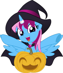 Size: 5000x5777 | Tagged: safe, artist:jhayarr23, oc, oc only, oc:parcly taxel, species:alicorn, species:pony, absurd resolution, alicorn oc, cape, clothing, commission, female, halloween, hat, holiday, horn, horn ring, jack-o-lantern, looking at you, mare, movie accurate, pumpkin, simple background, smiling, solo, spread wings, transparent background, vector, wings, witch, witch hat