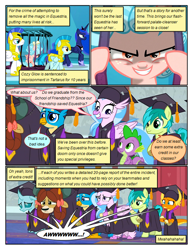 Size: 612x792 | Tagged: safe, artist:newbiespud, edit, edited screencap, screencap, character:cozy glow, character:gallus, character:ocellus, character:princess luna, character:sandbar, character:silverstream, character:smolder, character:spike, character:yona, species:alicorn, species:changedling, species:changeling, species:classical hippogriff, species:dragon, species:earth pony, species:griffon, species:hippogriff, species:pegasus, species:pony, species:reformed changeling, species:unicorn, species:yak, comic:friendship is dragons, episode:school raze, g4, my little pony: friendship is magic, armor, cage, clothing, comic, dialogue, dragoness, evil grin, female, filly, freckles, frown, graduation, graduation cap, grin, hat, helmet, hoof shoes, looking up, male, mare, royal guard, screencap comic, scroll, smiling, stallion, student six