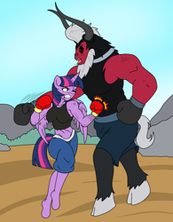 Size: 1250x1600 | Tagged: safe, artist:linedraweer, character:lord tirek, character:twilight sparkle, character:twilight sparkle (alicorn), species:alicorn, species:anthro, species:pony, species:unguligrade anthro, fighting is magic, barefoot, beard, belly punch, boxing, boxing gloves, clothing, comic, commission, duo, facial hair, feet, female, fight, horns, male, mare, midriff, muscles, punch, size difference, spitting, sports, sports bra, twilight vs tirek, wings