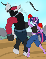 Size: 1250x1600 | Tagged: safe, artist:linedraweer, character:lord tirek, character:twilight sparkle, character:twilight sparkle (alicorn), species:alicorn, species:anthro, species:pony, species:unguligrade anthro, fighting is magic, beard, belly punch, blood, boxing, boxing gloves, broken horn, broken teeth, clothing, comic, commission, facial hair, female, fight, horn, horns, male, mare, midriff, muscles, punch, size difference, spitting, sports, sports bra, twilight vs tirek, uppercut, wings