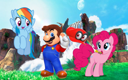Size: 1408x880 | Tagged: safe, artist:dashiesparkle, artist:geonine, artist:vg805smashbros, character:pinkie pie, character:rainbow dash, species:earth pony, species:human, species:pegasus, species:pony, barely pony related, cappy, cappy (mario), crossover, female, fossil falls, male, maridash, mario, mariopie, nintendo, shipping, super mario bros., super mario odyssey