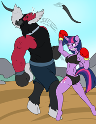 Size: 1250x1600 | Tagged: safe, artist:linedraweer, character:lord tirek, character:twilight sparkle, character:twilight sparkle (alicorn), species:alicorn, species:anthro, species:pony, species:unguligrade anthro, fighting is magic, beard, belly punch, blood, boxing, boxing gloves, bra, broken horn, broken teeth, clothing, comic, commission, facial hair, female, fight, horn, horns, male, mare, muscles, punch, size difference, spitting, sports, twilight vs tirek, underwear, uppercut, wings