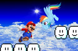 Size: 1488x977 | Tagged: safe, artist:dashiesparkle, artist:vg805smashbros, character:rainbow dash, species:human, species:pegasus, species:pony, barely pony related, blue sky, cloud, crossover, flying, maridash, mario, nintendo, sky, sun, super mario bros., walking on clouds