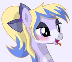 Size: 7375x6400 | Tagged: safe, artist:parclytaxel, oc, oc only, oc:silver stitch, species:earth pony, species:pony, .svg available, absurd resolution, bedroom eyes, blushing, bow tie, bust, cel shading, female, mare, open mouth, ponytail, portrait, shading, simple background, smiling, solo, tongue out, vector, white background