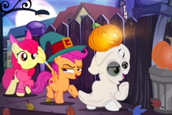 Size: 1280x854 | Tagged: safe, artist:pixelkitties, character:apple bloom, character:scootaloo, character:sweetie belle, species:earth pony, species:pegasus, species:pony, species:unicorn, bedsheet ghost, clothing, costume, cutie mark crusaders, fence, ghost, ghost costume, halloween, halloween costume, hat, holiday, jack-o-lantern, leaves, nightmare night, pumpkin, streetlight, witch costume, witch hat
