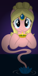 Size: 6400x12800 | Tagged: safe, artist:parclytaxel, oc, oc only, oc:saffron showers, species:earth pony, species:pony, .svg available, absurd resolution, bindi, candle, deepavali, diwali, diya, female, flower, gem, genie, genie pony, holiday, hoof hold, india, lamp, looking at you, lotus (flower), mare, monster mare, project saffron, project seaponycon, smiling, solo, vector, water