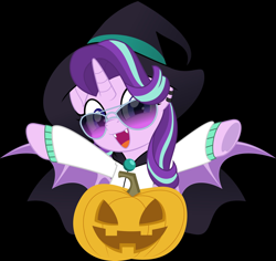 Size: 2048x1930 | Tagged: safe, artist:jhayarr23, character:starlight glimmer, species:alicorn, species:bat pony, species:pony, alicornified, bat pony alicorn, black background, cape, clothing, fangs, female, halloween, hat, holiday, jack-o-lantern, pumpkin, race swap, simple background, solo, starlicorn, sunglasses, vector, witch hat, xk-class end-of-the-world scenario