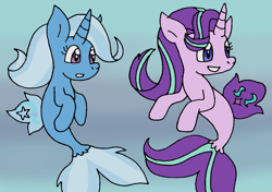 Size: 1291x909 | Tagged: safe, artist:cmara, character:starlight glimmer, character:trixie, species:pony, species:seapony (g4), species:unicorn, ship:startrix, female, gradient background, lesbian, seaponified, seapony starlight glimmer, seapony trixie, shipping, species swap