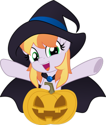 Size: 5000x5856 | Tagged: safe, artist:jhayarr23, character:copper top, species:earth pony, species:pony, alternate hairstyle, cape, clothing, costume, female, halloween, hat, holiday, mare, pumpkin, simple background, solo, transparent background, witch hat, ych result