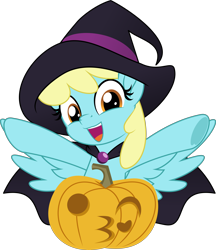 Size: 5000x5777 | Tagged: safe, artist:jhayarr23, character:sassaflash, species:pegasus, species:pony, background pony, cape, clothing, costume, female, halloween, hat, holiday, kissy face, mare, pumpkin, simple background, solo, spread wings, transparent background, wings, witch hat, ych result