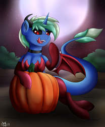 Size: 2000x2400 | Tagged: safe, artist:novaspark, oc, oc only, oc:nova spark, black sclera, choker, clothing, costume, fangs, floating wings, halloween, holiday, looking at you, monster mare, monster pony, moon, original species, pumpkin, red eyes, socks, solo, succubus, tatzlpony, wings