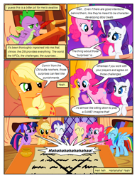 Size: 612x792 | Tagged: safe, artist:newbiespud, edit, edited screencap, screencap, character:applejack, character:fluttershy, character:pinkie pie, character:rainbow dash, character:rarity, character:spike, character:twilight sparkle, character:twilight sparkle (unicorn), species:dragon, species:earth pony, species:pegasus, species:pony, species:unicorn, comic:friendship is dragons, book, bookshelf, clothing, comic, dialogue, eyes closed, female, freckles, golden oaks library, hat, male, mane seven, mane six, mare, quill, raised hoof, screencap comic, smiling
